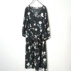 CEPO CRAFT セポクラフト　花柄　七分袖ワンピース　黒　M