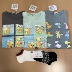 (5) 新品 恐竜の恐くない生活 Tシャツ 120 3枚とGU 靴下