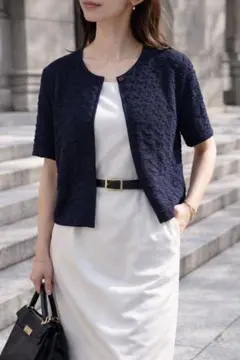 ARMANI 半袖ニットカーディガン 40 ネイビー 美品 上品 綺麗め