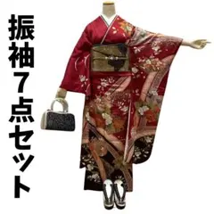 振袖7点セット 正絹 赤色地のモダンな洋花模様 lf046set - メルカリ