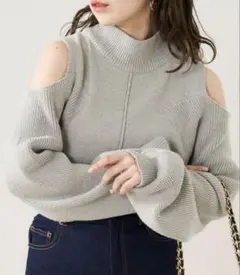 オフショルダー グレー ニットセーター FREE