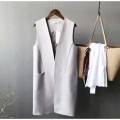 ロングジレ  ベスト ロングベスト　上品　レディース   グレー  オフィス