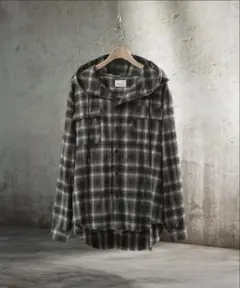 【EMMA CLOTHES】フード付きダメージチェックシャツ ブラック M
