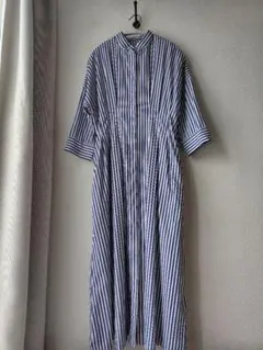 エブール シャツワンピース リネン混 ストライプ バンドカラー