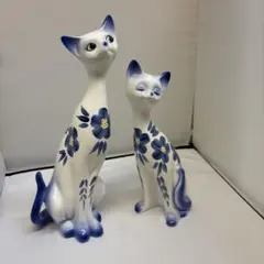 背中に青い花模様の猫☆陶器置物3点セット【ヴィンテージ】昭和レトロ