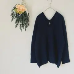 レディース リブ ニット / Vネック ネイビー 紺 長袖 ざっくり