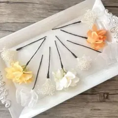 No.52 オレンジイエロー♡紫陽花♡カスミ草♡リボン♡ヘッドパーツ♡髪飾り♡