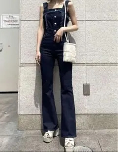 EMODAダークブルー デニム サロペット フレアパンツS