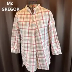 ★Mc GREGOR★M★ベージュ赤チェック柄 スタンドカラー長袖シャツ★麻入★