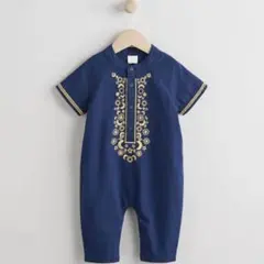 NEXT ネイビー 刺繍入り 半袖ロンパース 68cm