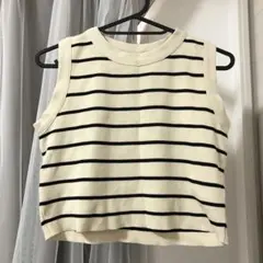 アイボリーと黒のストライプノースリーブトップス