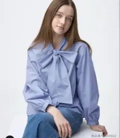 GU ボウタイブラウス 長袖 ブルー チェック Mのサムネイル