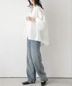 ホワイト オーバーサイズ バルーンスリーブシャツ　コットン