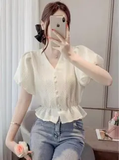 GRL Vネックバルーンスリーブブラウス