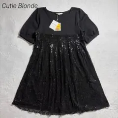 新品✨キューティーブロンド/スパンコール切替ワンピース/半袖パフスリーブ/M黒のサムネイル
