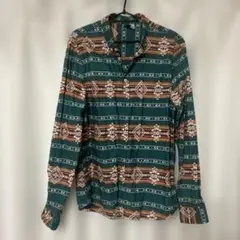 幾何学　長袖シャツ　グリーン系　ヴィンテージ美品