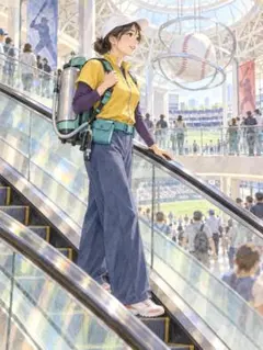 c1495_野球場アトリウムとエスカレーターの人物イラスト 淡彩ブルーとイエロー