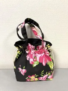 【SALE品500円】　#10-f2 黒×黒　プルメリア巾着バッグ