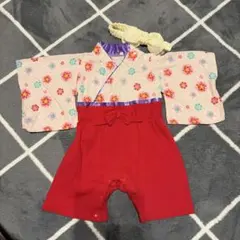 花柄袴ロンパース　赤　女の子　70〜80センチ　ターバン付き