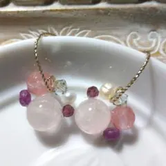 ローズクォーツ　ルビー　パールのピアス