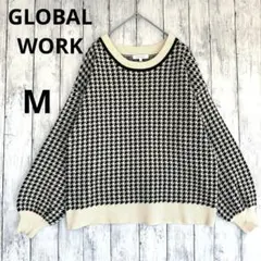 【グローバルワーク】千鳥格子チェック柄ハウンドトゥース長袖ニットセーターM白黒