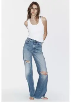 TRF ダメージ加工ワイドレッグハイウエストジーンズ　ZARA ザラ　32インチ