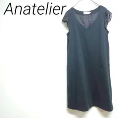 Anatelier ブラックノースリーブ ひざ丈ワンピース　袖シースルー　M