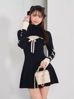 Darich バイカラーリボンデザインニットミニワンピース