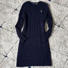 【希少✨】ポロラルフローレン　ケーブルニットワンピース　刺繍ロゴ　ネイビー　現行