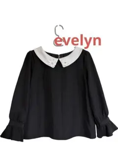 evelyn 白襟 花モチーフパール付き 長袖ブラウス ブラック ふんわり袖 Mのサムネイル