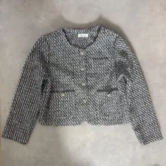 韓国　ノーカラージャケット 黒白ツイード　きれいめ