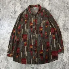 古着　90sヴィンテージ 長袖総柄シャツ　ポリシャツ　昭和レトロ　日本製　A6