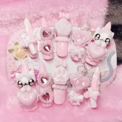 現品 ぴんく♥しろ꒦꒷ ねこ 地雷 量産 児女 幼女 ネイルチップ