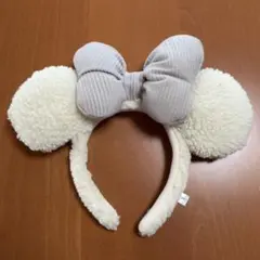 カチューシャ　ミニー　ボア　白　グレー　リボン