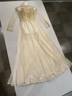 上質美品◆イブニング/コンテスト/パーティ舞台◆ベージュ＋ゴールドチュールロング