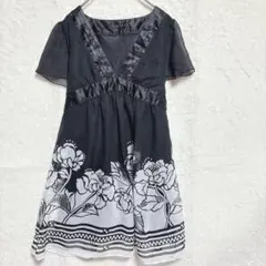 Eternal flow 花柄 半袖チュニック 黒と白　L