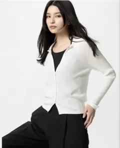 ホワイトリブポロカーディガンL