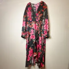 ソフィアジーンズ 【3L以上】花柄 ロングワンピース Ｖネック 長袖 フリル