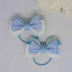 ギンガムチェック リボンヘアゴム2個 水色 上品