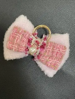 ピンクボアツイードミックスリボンチャーム
