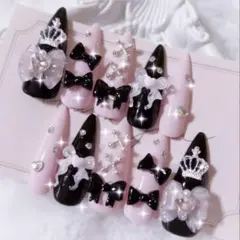 014 ネイルチップ 現品 ピンク ブラック 量産型 地雷系 サブカル 姫ギャル