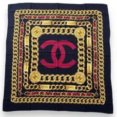 美品■シャネル　シルク　ヴィンテージ　ココマーク　大判スカーフ　ゴールドチェーン