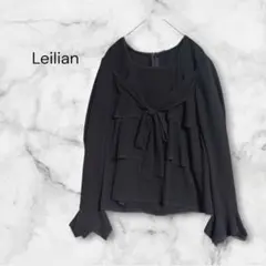 Leilian レリアン　ティアードフリル付き長袖リボンブラウス　ブラック