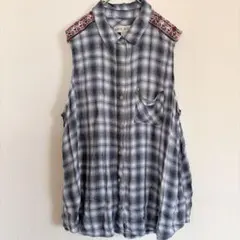 KNOX ROSE レーヨン ノースリーブシャツ XL チェック柄 刺繍 青