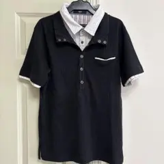 NICOLE selection 半袖リブ編みストライプポロシャツ 黒のサムネイル