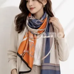スカーフ ストール オレンジ ネイビー シルク100% 大判 馬具柄 上品 高級