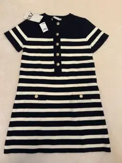 ZARA ネイビーボーダーポケットショート ニットワンピース S タグ付