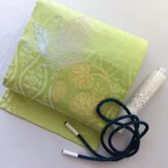 名古屋帯　帯締め　刺繍半襟 3点セット　黄緑　青　白