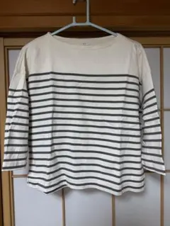 無印良品　太番手天竺編みボートネック七分袖Tシャツ　M〜L グレーボーダー