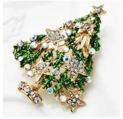 ✨新品未使用✨　ツリー　ブローチ　ラインストーン付き　グリーン